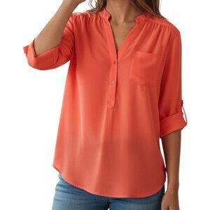 BEE STITCHED Coral Sheer 3/4 Sleeves Pullover V Neck Blouse - Size Medium
